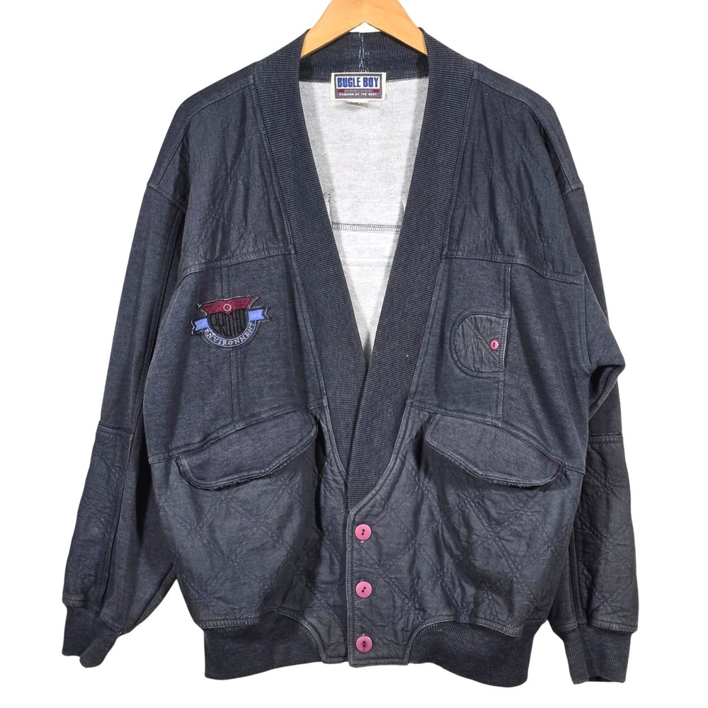 Bugle Boy Vtg 90s Quilted Cardigan Mens XL‎ Faded Black Patches Distressed Read